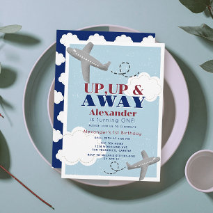 Up Up & Away Aeroplanes Cloud Blue Boy 1st Birthda Invitation