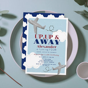 Up Up & Away Aeroplanes Clouds Blue Boy Birthday Invitation