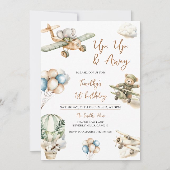 Up Up & Away Airplane Boy 1st Birthday Invitation (Front)