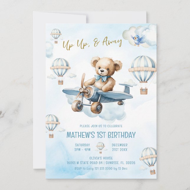 Up Up & Away Bear Hot Air Balloon Boy 1st Birthday Invitation (Front)