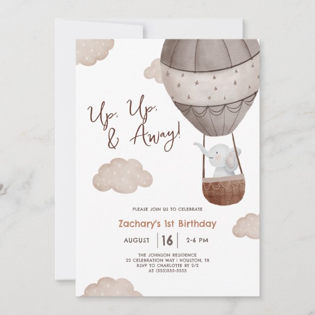Up Up & Away Hot Air Balloon 1st Birthday Invitation (Front)