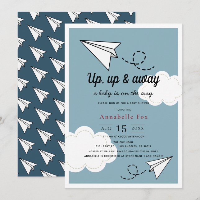 Up Up & Away Paper Plane Blue Boy Baby Shower Invitation (Front/Back)