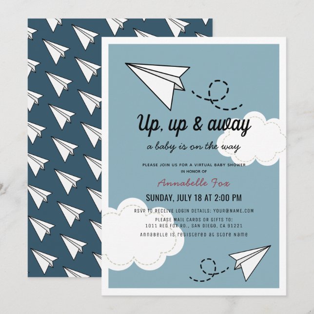 Up Up & Away Paper Plane Blue Virtual Baby Shower Invitation (Front/Back)