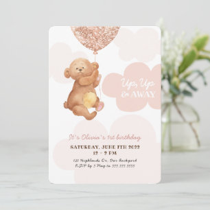 Up, Up & Away Teddy Bear Pink Clouds Baby Birthday Invitation