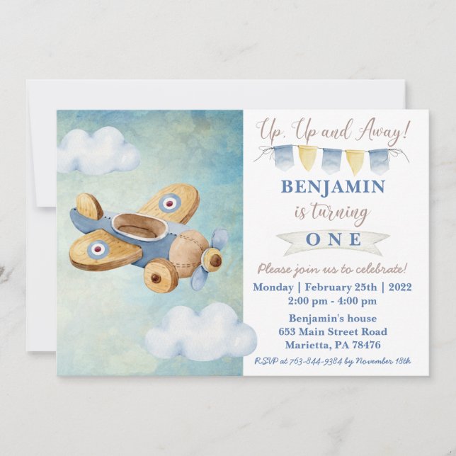 Up Up & Away Vintage Aeroplane Birthday Invite (Front)