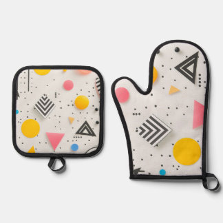 Upbeat background of shapes and stripes oven mitt & pot holder set
