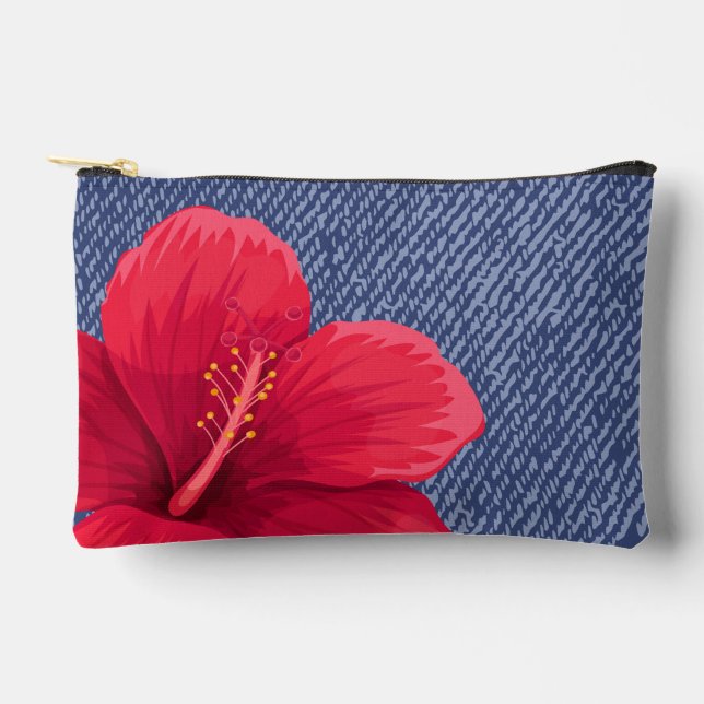 Upcountry Red Hibiscus and Denim  Accessory Pouch (Front)