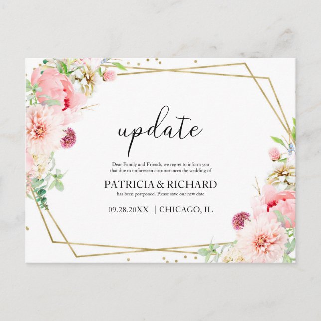 Update Blush Floral Wedding Change The Date Postcard (Front)