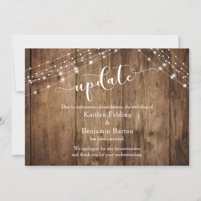 Update Cancelled Wedding, Rustic Wood & Lights Car Invitation (Front)