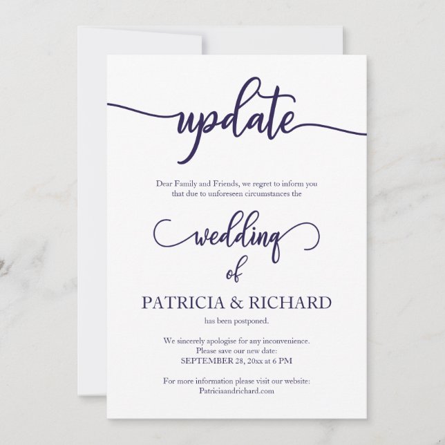 Update Postponed Wedding Navy Blue Script Invitation (Front)