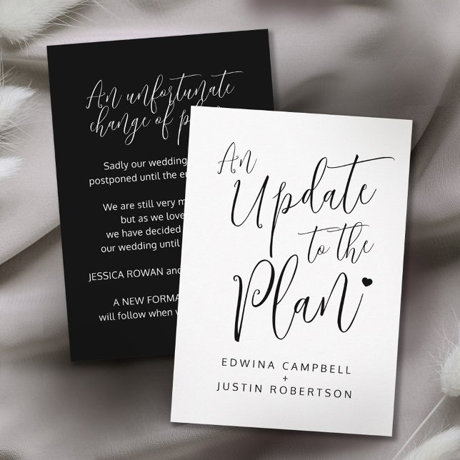 Update to plan black white heart wedding canceled enclosure card (Creator Uploaded)