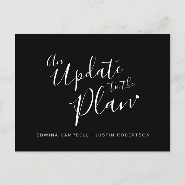 Update to plan black white heart wedding cancelled announcement postcard (Front)