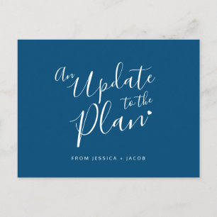 Update to plan blue white heart wedding canceled announcement postcard