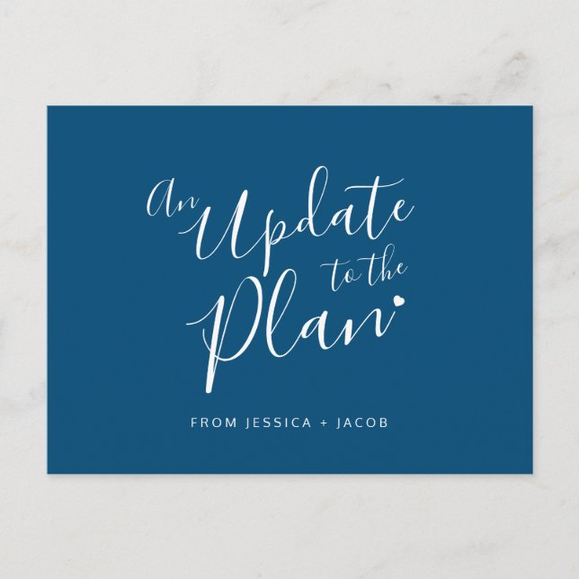 Update to plan blue white heart wedding cancelled announcement postcard (Front)