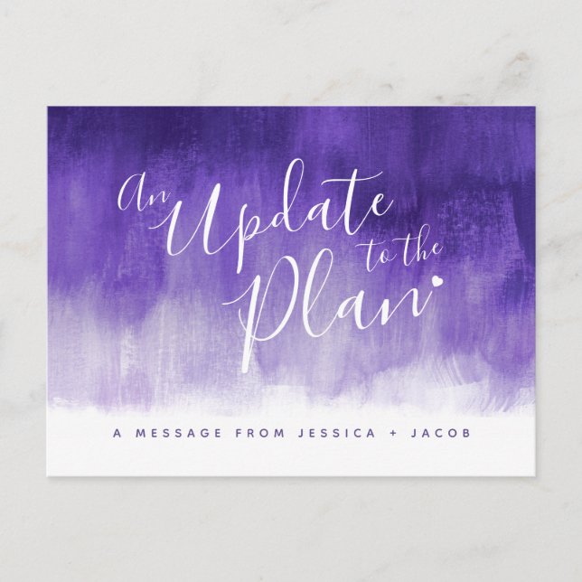 Update to plan purple wash heart wedding cancelled announcement postcard (Front)