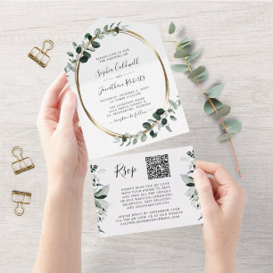Updated Eucalyptus Gold QR Code RSVP Wedding All In One Invitation