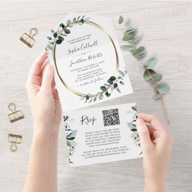 Updated Eucalyptus Gold QR Code RSVP Wedding All In One Invitation (Creator Uploaded)