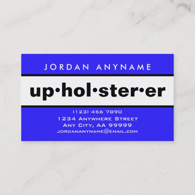 Upholsterer Bold Blue and White Business Card (Back)