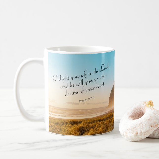 Uplifting Inspirational Bible Verse Psalm 37:4 Coffee Mug (With Donut)