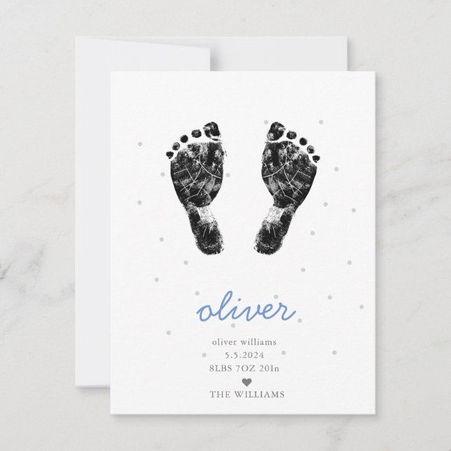 Upload Custom Baby Footprint Blue Boy Birth Announcement (Front)