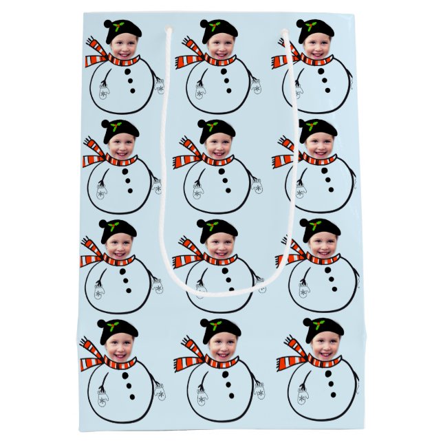 Upload Face Photo Cute Holiday Snowman Christmas Medium Gift Bag (Back)