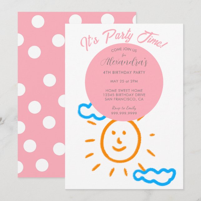 Upload Kids Own Drawing Art Girl Pink Birthday Invitation (Front/Back)