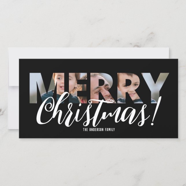 Upload Photo in Text Black and White Christmas Holiday Card (Front)