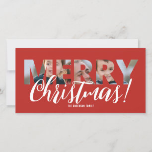 Upload Photo in Text Merry Christmas Red Holiday Card