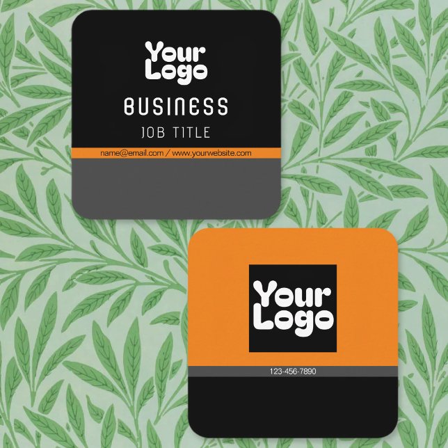 Upload Your Logo | Black Grey & Orange (editable) Square Business Card (Creator Uploaded)