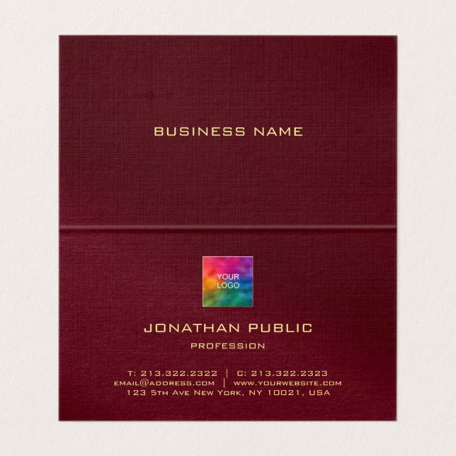 Upload Your Logo Burgundy Red Premium Linen Folded Business Card (Inside Unfolded)