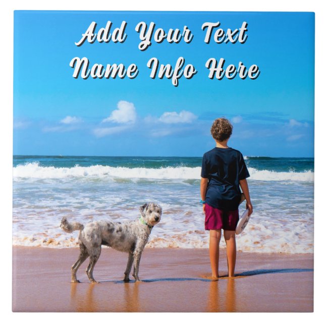 Upload Your Pet Photo Ceramic Tile Gift with Text (Front)