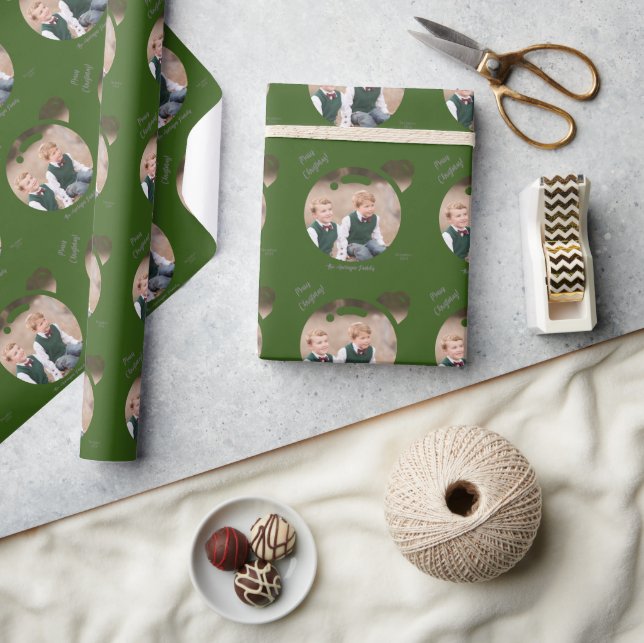 Upload Your Picture into a Christmas Bauble Green Wrapping Paper (Crafts)