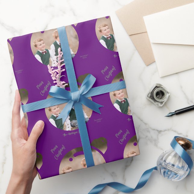 Upload Your Picture into a Christmas Bauble Purple Wrapping Paper (Gifting)