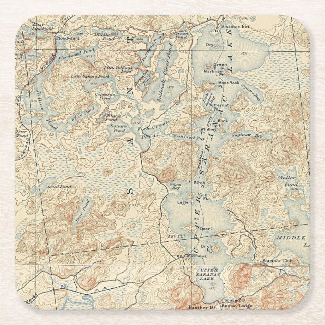 Upper Saranac Lake Detail from Old Topographic Map Square Paper Coaster (Front)
