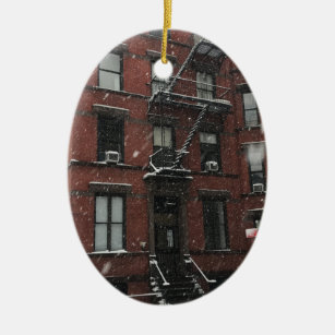 Upper West Side Brownstone Fire Escape NYC Snow Ceramic Tree Decoration