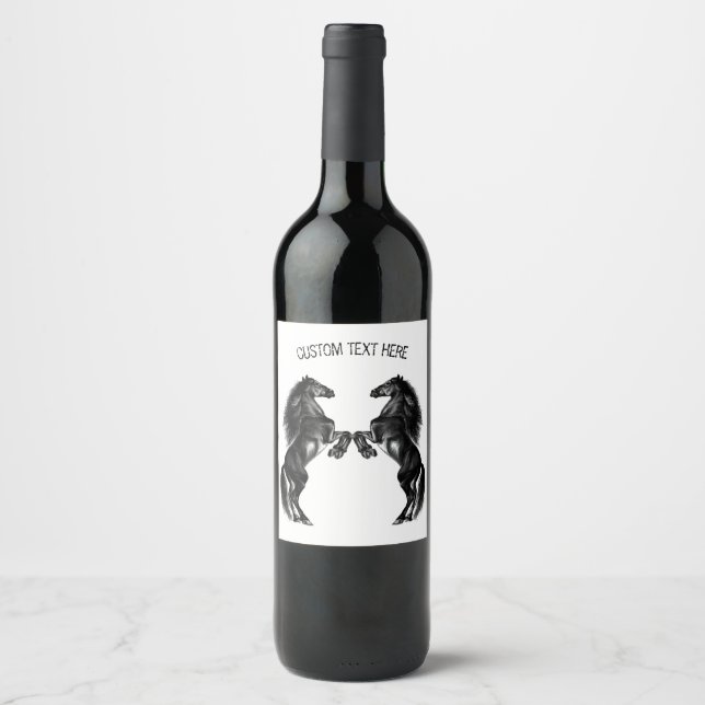 Upright Black Horses Wine Label with Custom Text (Front)