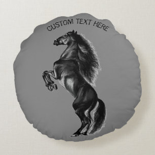 Upright Black Wild Horse - Add Your Text / Colour Round Cushion