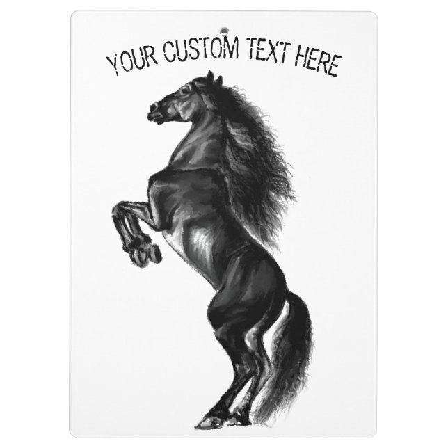 Upright Black Wild Horse - Black and White Drawing Clipboard (Back)