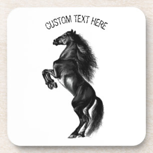 Upright Black Wild Horse - Black and White Drawing Coaster