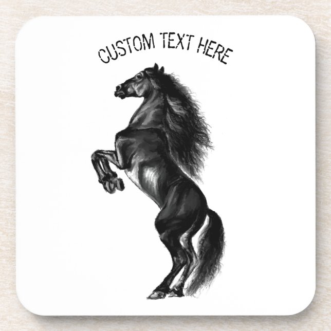 Upright Black Wild Horse - Black and White Drawing Coaster (Front)