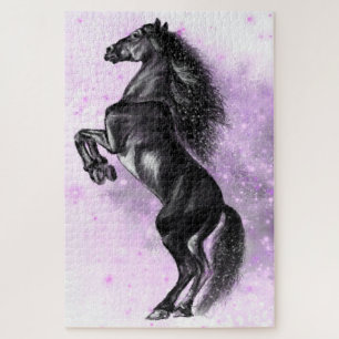 Upright Black Wild Horse - Black and White Drawing Jigsaw Puzzle