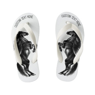 Upright Black Wild Horse - Black and White Drawing Kid's Flip Flops