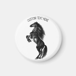 Upright Black Wild Horse - Black and White Drawing Magnet