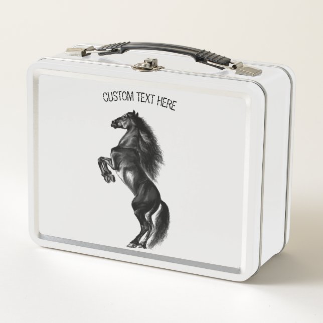 Upright Black Wild Horse - Black and White Drawing Metal Lunch Box (Front)