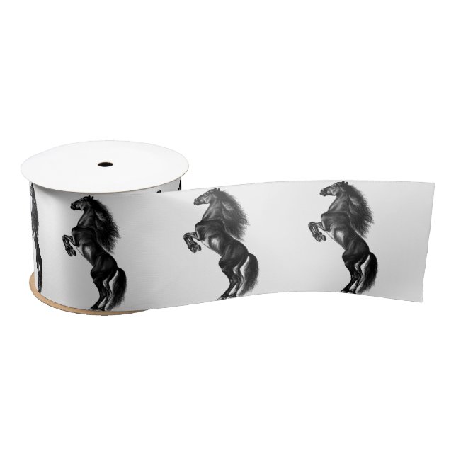 Upright Black Wild Horse - Black and White Drawing Satin Ribbon (Spool)