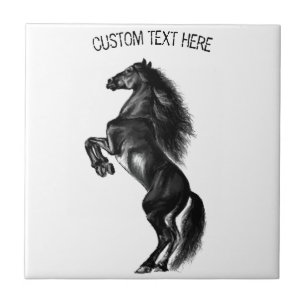 Upright Black Wild Horse - Black and White Drawing Tile