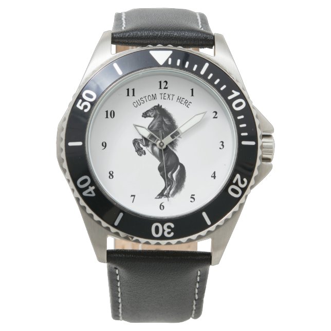Upright Black Wild Horse - Black and White Drawing Watch (Front)