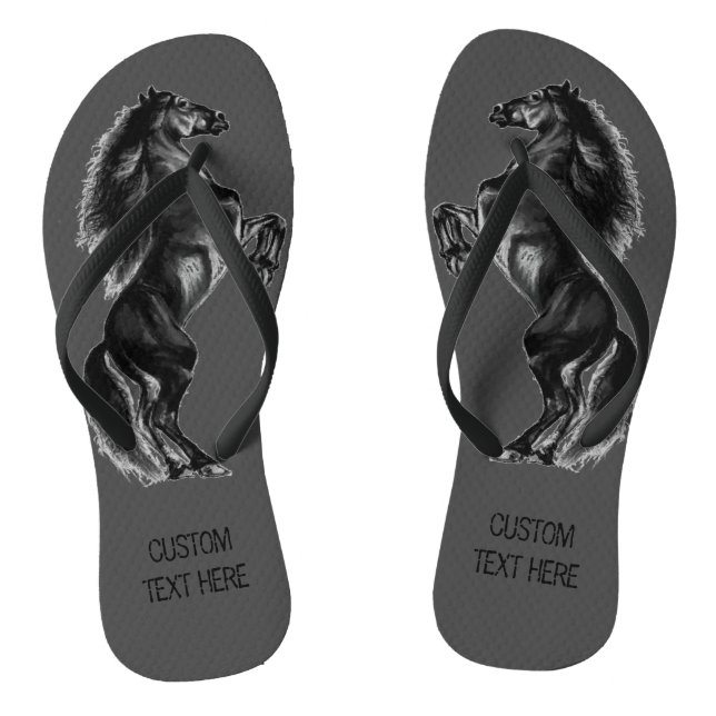 Upright Black Wild Horse - Black & White Drawing - Flip Flops (Footbed)