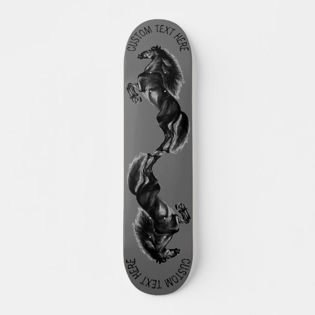 Upright Black Wild Horse - Black& White Drawing - Skateboard (Front)