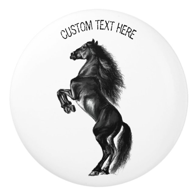 Upright Black Wild Horse - Drawing - Add Your Text Ceramic Knob (Front)